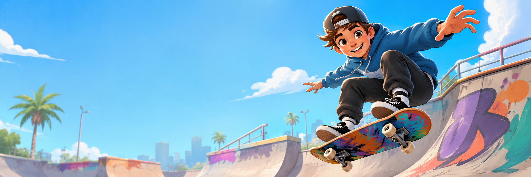 Bram op een skateboard in een vrolijke cartoonstijl