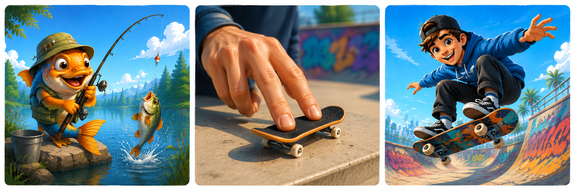 Bram op een skateboard in een vrolijke cartoonstijl